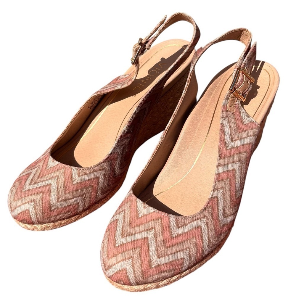 Vionic Coralina espadrille slingback wedge sandals in a dusty pink chevron sz 8
